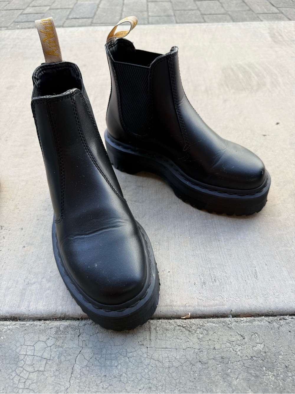 Dr. Martens Black Chelsea Platform Boot with Yellow Heel Loop